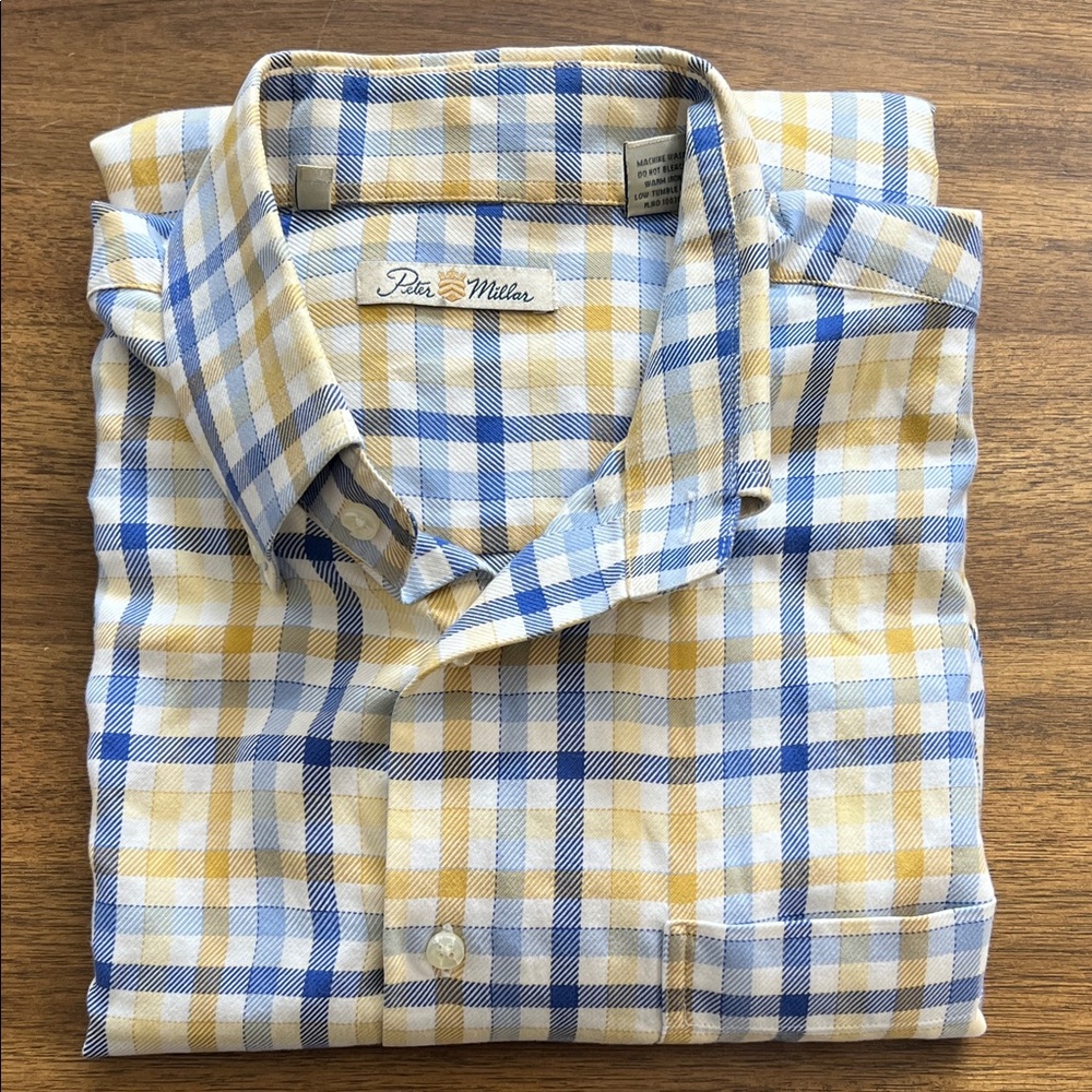 Peter Millar Yellow Blue Plaid Cotton Button Down Shirt Mens Large